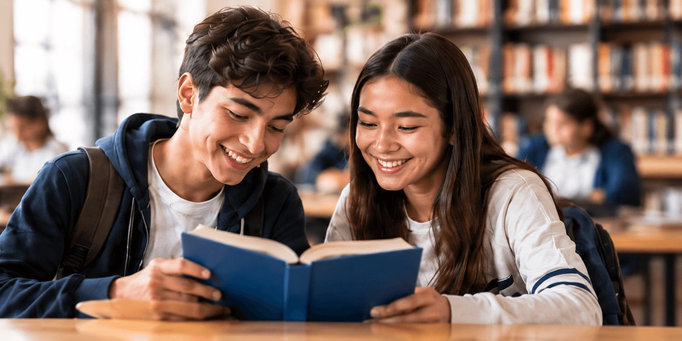 Students reading together in a library